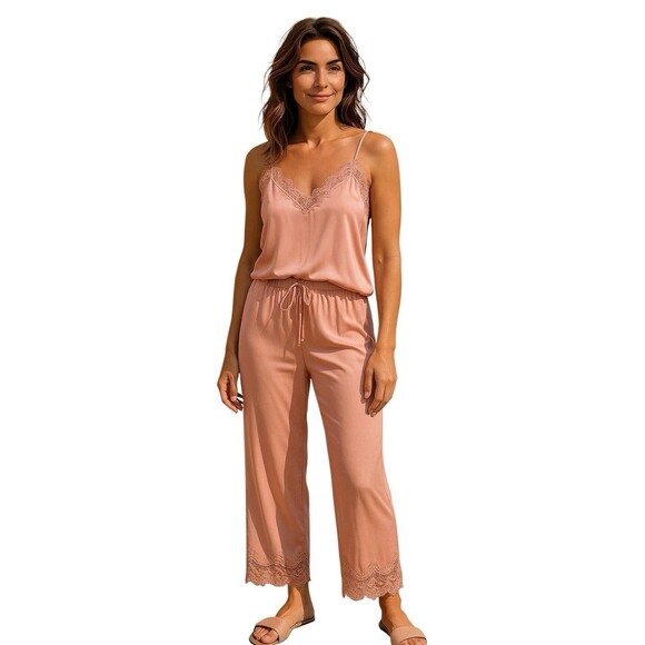 Victorias Secret NWT Mauve Pink Lace 2 Piece Pajama Set Lightweight Wide Leg XL